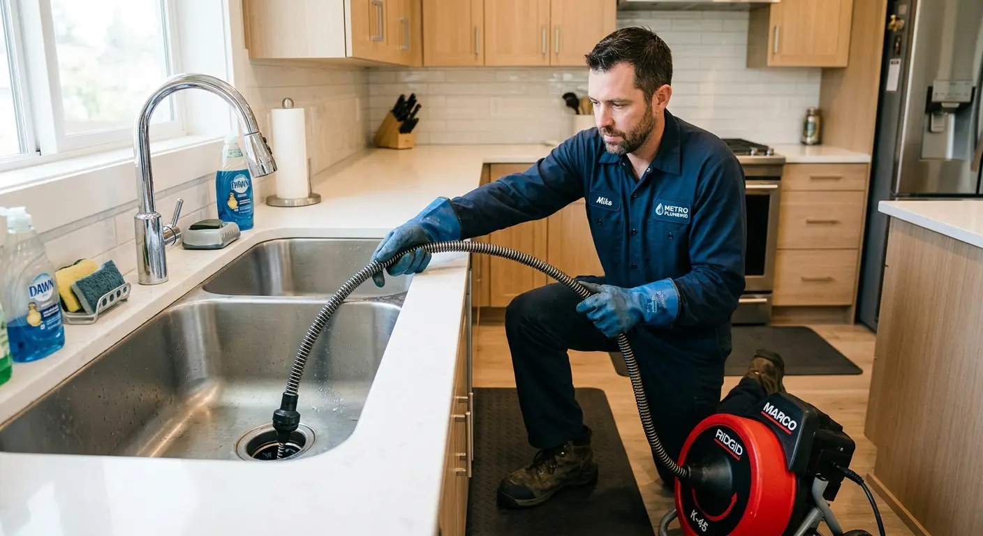 Drain cleaning technician using a motorized snake on a kitchen sink in Redford