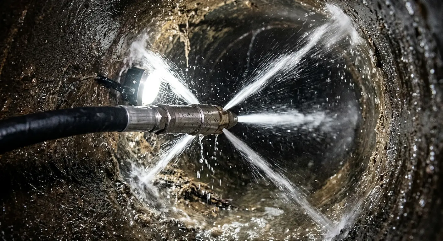 High-pressure hydro jetting nozzle cleaning sewer pipe for Sewer Cleanout in Redford
