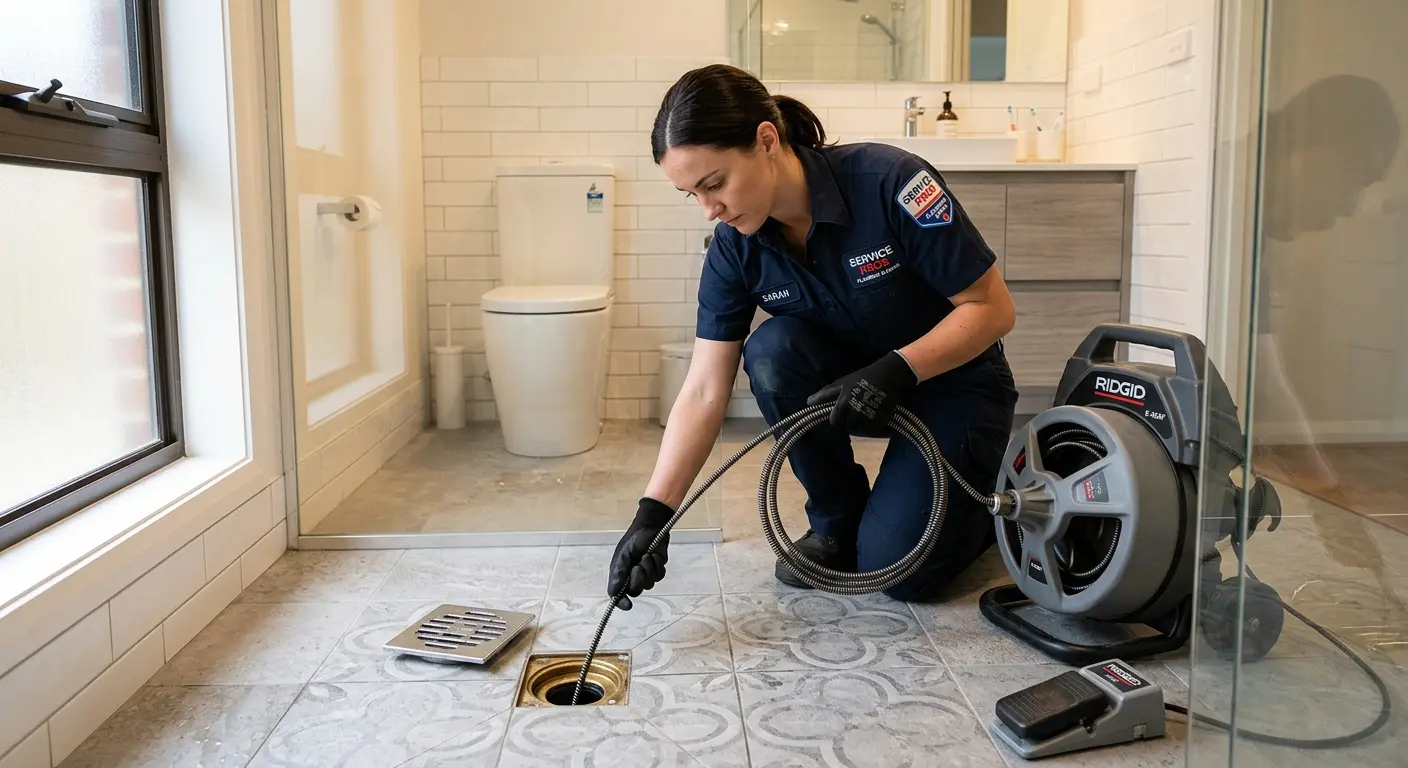 Technician clearing a bathroom floor drain for Drain Repair in Redford